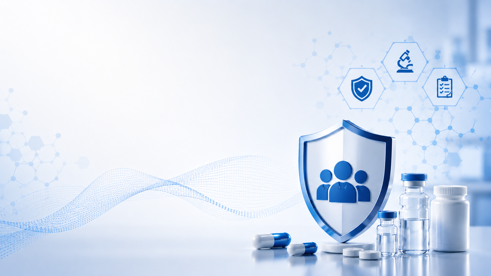 Patient safety shield representing pharmacovigilance and drug safety services